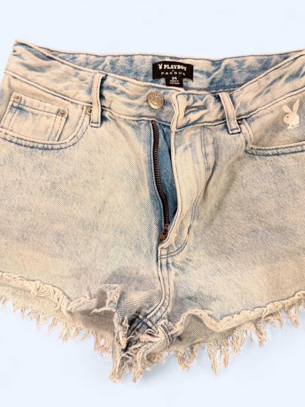 Pacsun Playboy light Wash Denim Frayed Hem Women’s Shorts - Light Blue